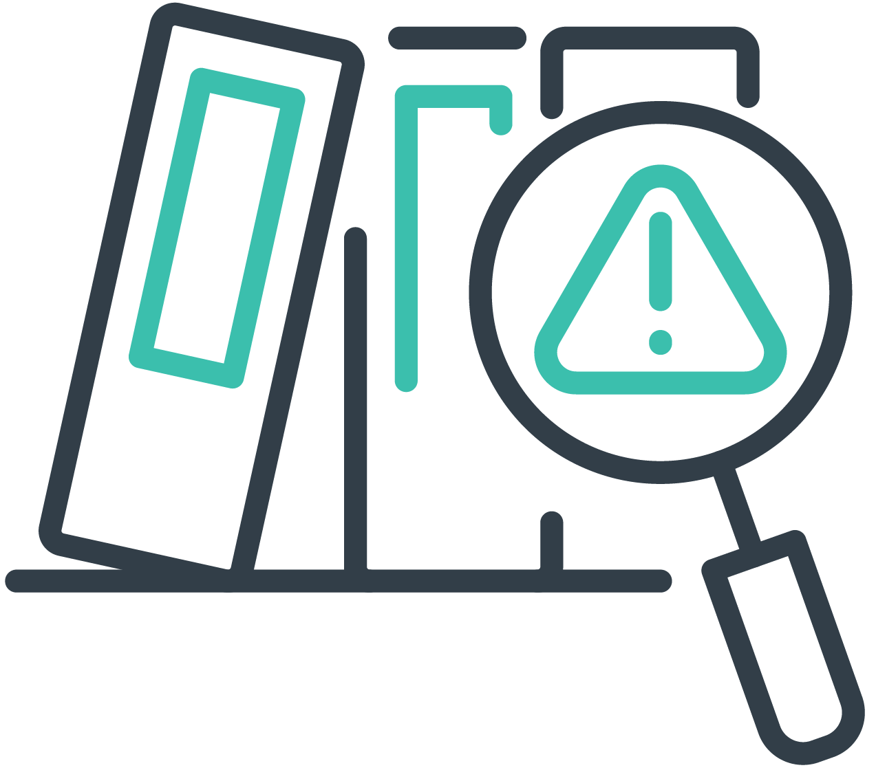 a magnifying glass scanning over books on a shelf. an alert icon through the looking glass